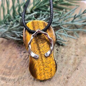 Nature Yellow Tiger Eye Big Flip Flop Pendant Necklace